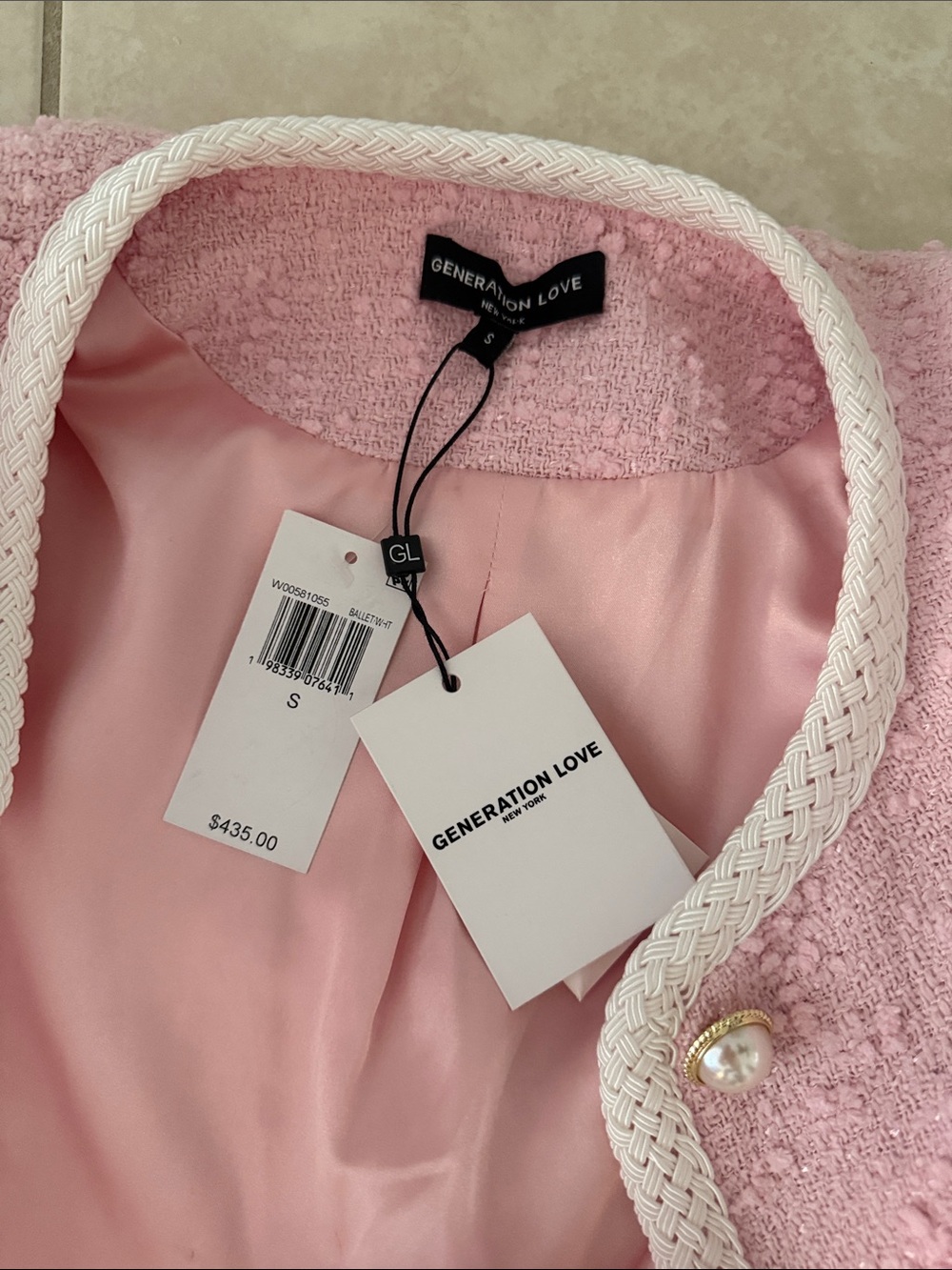 Generation Love Pink Tweed Pearl-Button Cropped Blazer with Cream Trim - Picture 3 of 6